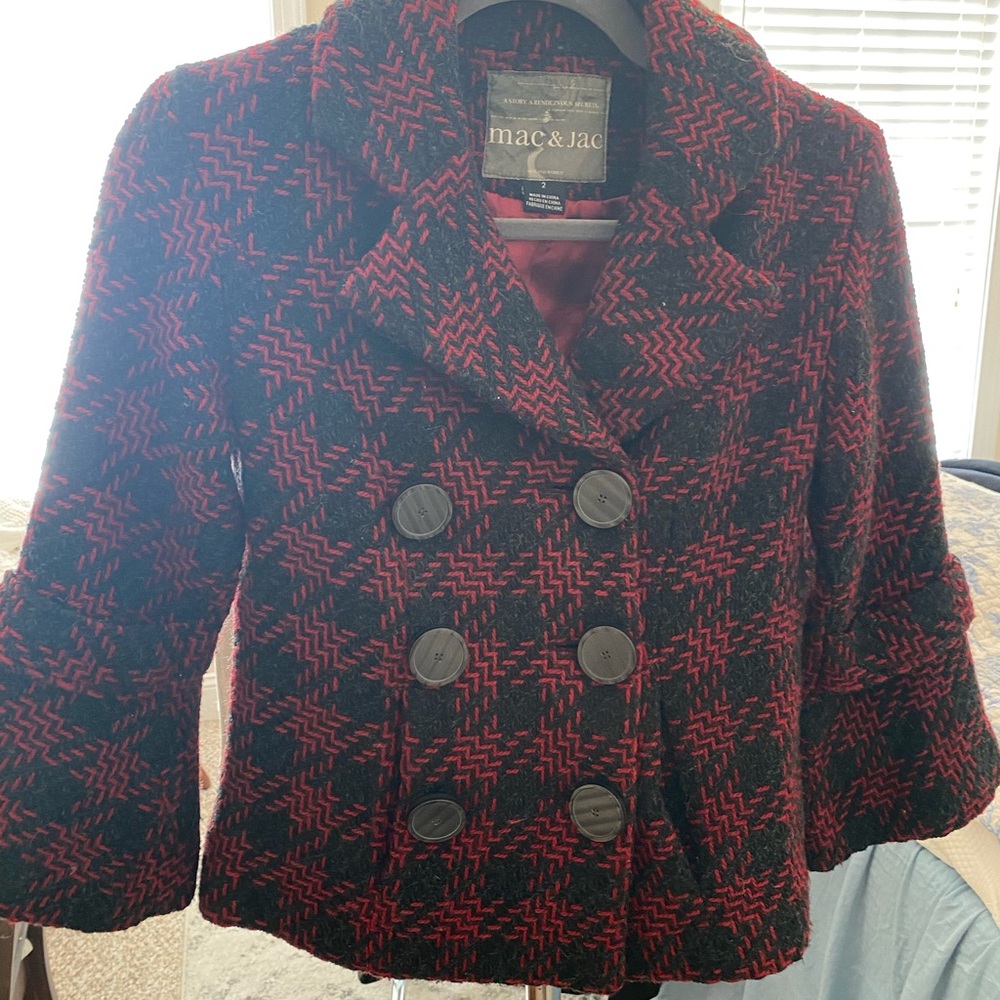 Mac & Jac Red and Black Pea Coat with Bold Pattern